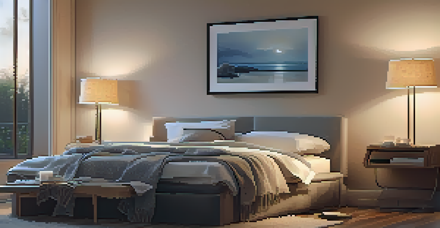 A cozy bedroom with a neatly made bed and soft lighting, promoting the importance of sleep for recovery.