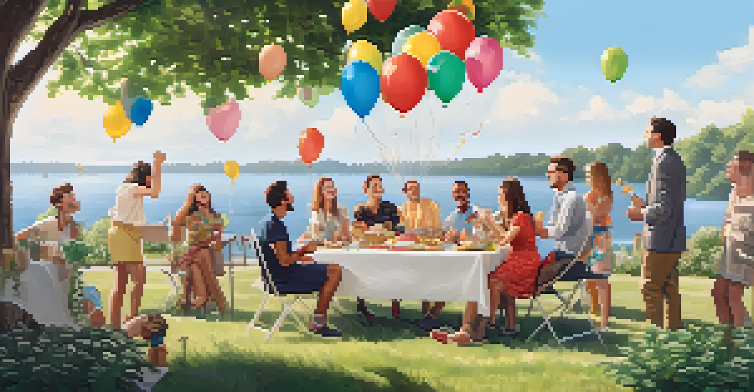 A team celebrating an achievement outdoors with a picnic setup, balloons, and a cake, filled with laughter and joy in a green setting.