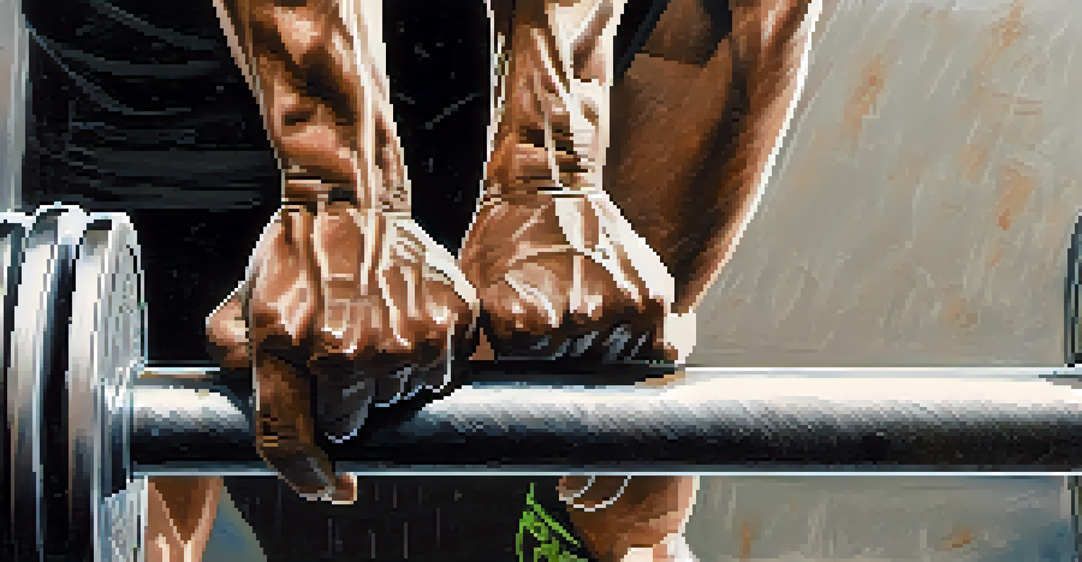 Close-up of a lifter's hands gripping a barbell for a bench press, with the lifter's focused expression in the background.