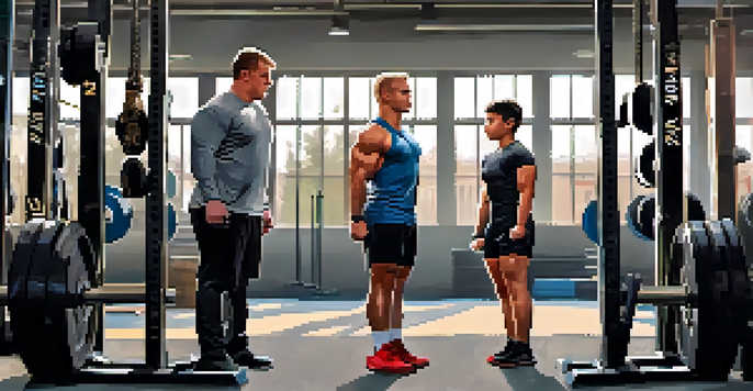 An experienced powerlifter mentoring a younger lifter on squat technique in a gym setting, surrounded by weights and motivational posters.