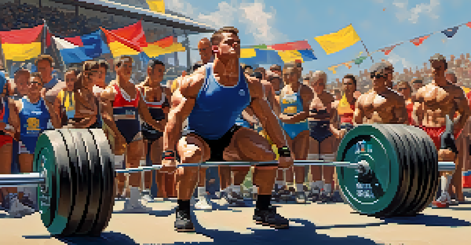 Athletes competing in a powerlifting event outdoors, with a crowd cheering and colorful flags in the background.