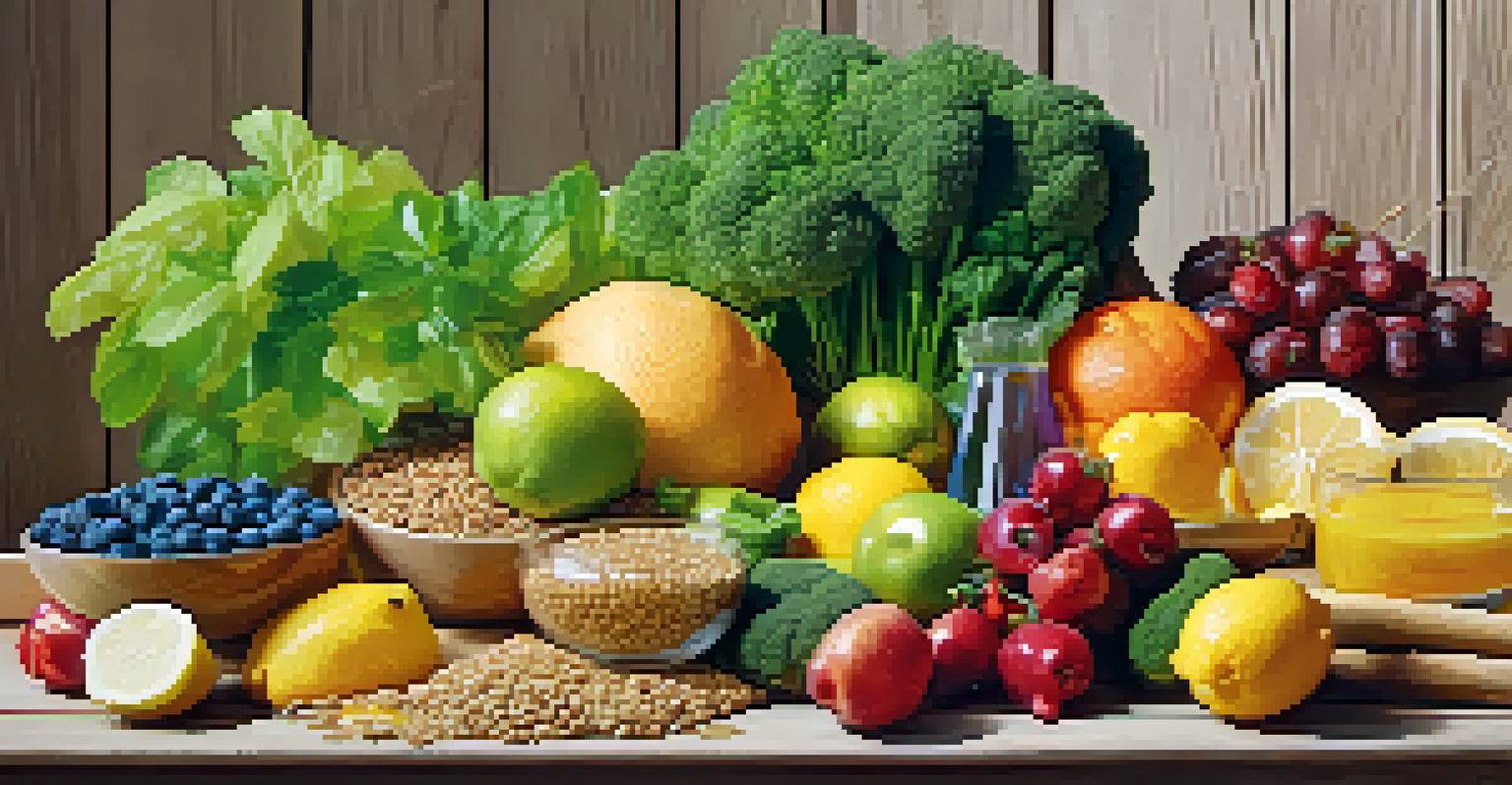 An artistic arrangement of colorful healthy foods like fruits, vegetables, and lean proteins on a wooden table, promoting nutrition and hydration.