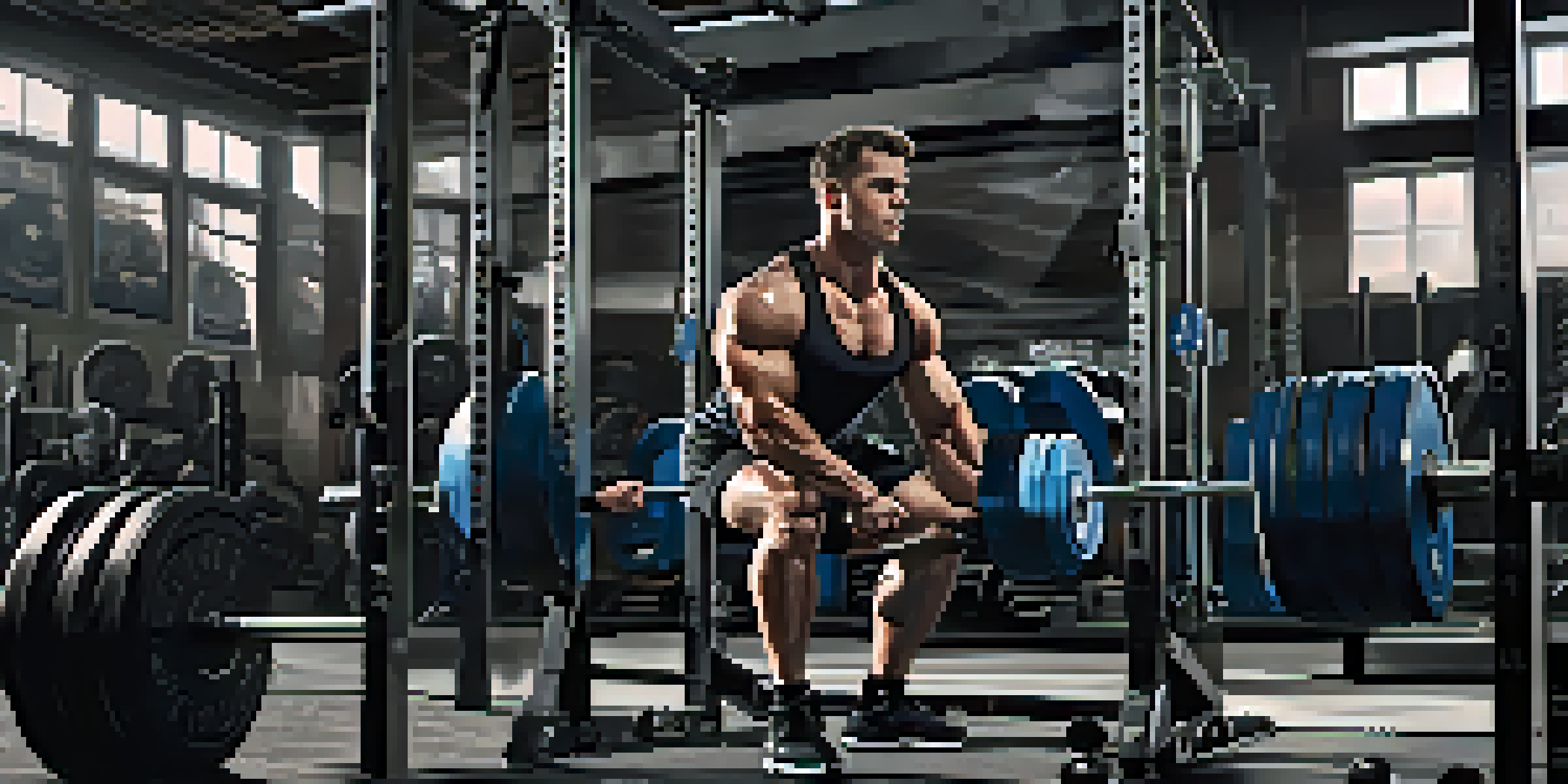 A Caucasian male powerlifter performing a squat in a gym, showcasing his muscles and determination.