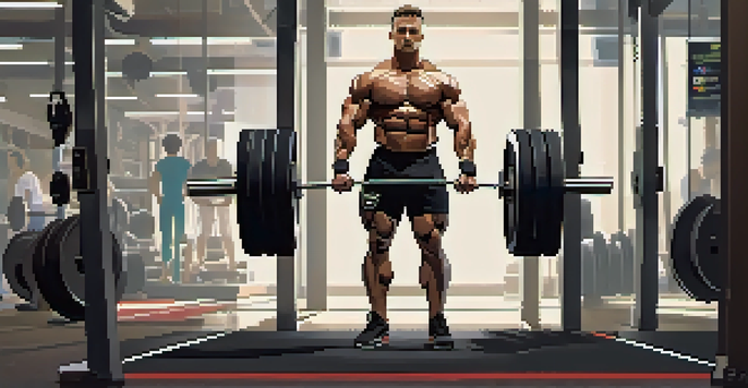 A powerlifter lifting a heavy barbell in a gym, with weights and motivational posters in the background.