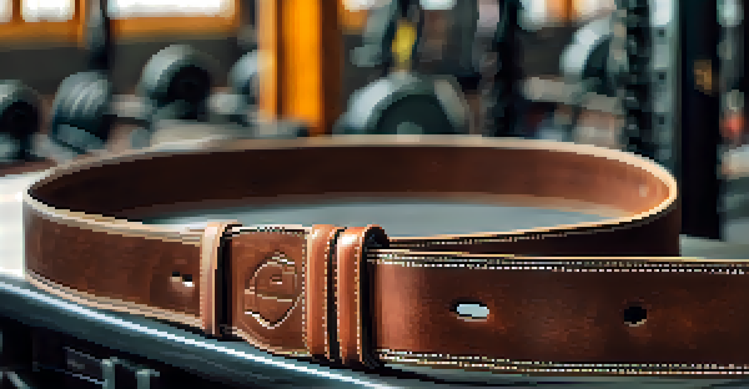 A close-up of a lifting belt on a gym bench, with weights in the background, showcasing its texture and quality.