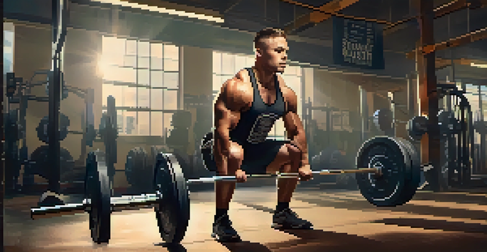 A powerlifter squatting with a barbell in a gym, showcasing concentration and strength.