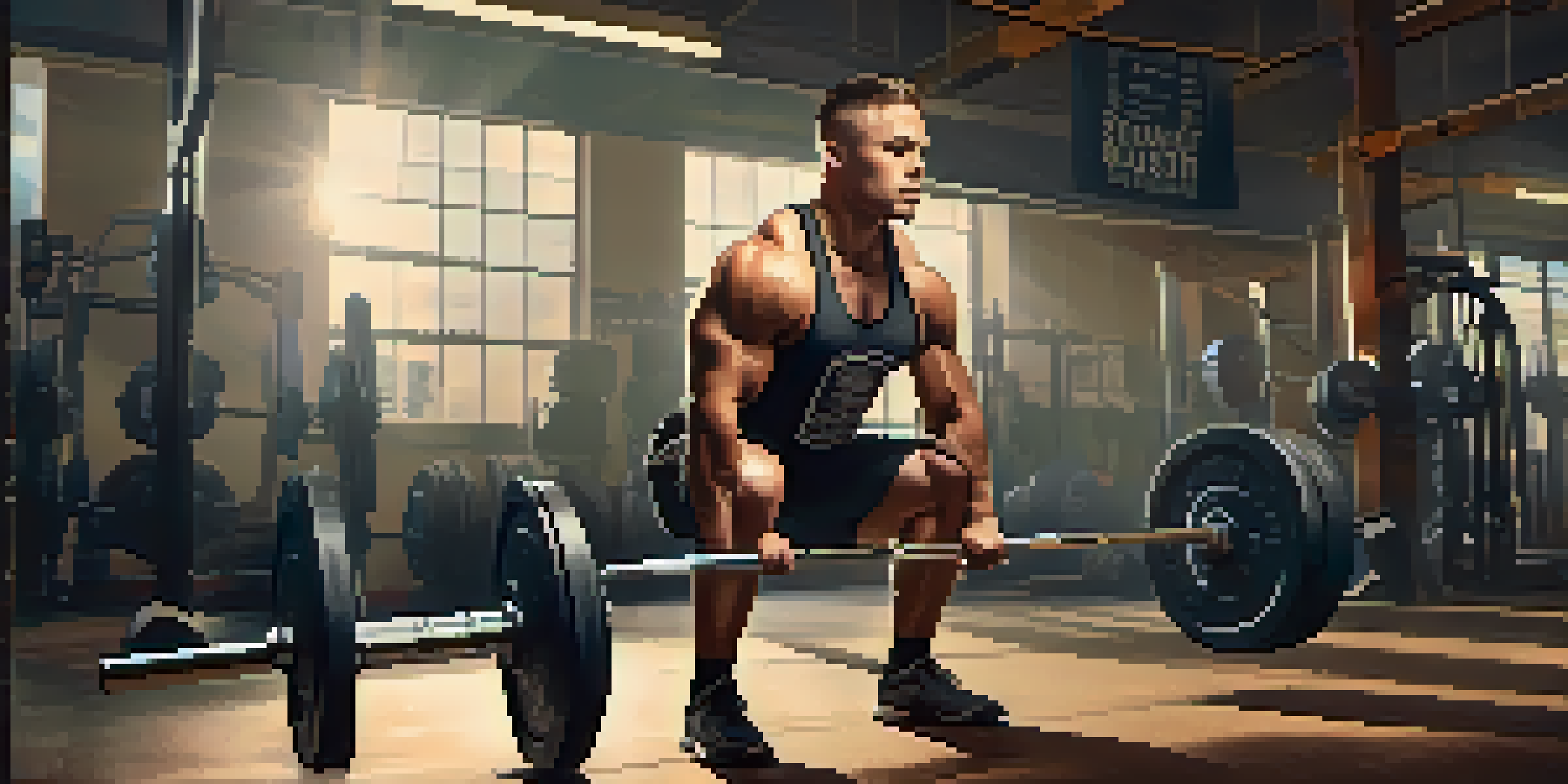 A powerlifter squatting with a barbell in a gym, showcasing concentration and strength.
