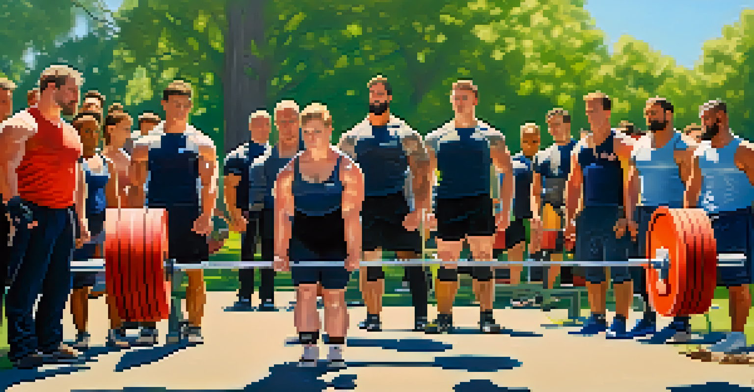 A diverse group of powerlifters practicing deadlifts in a sunny park, emphasizing community and teamwork with trees and blue sky in the background.