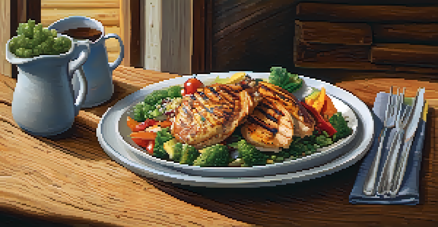 A colorful plate of grilled chicken, quinoa, and mixed vegetables on a rustic wooden table.
