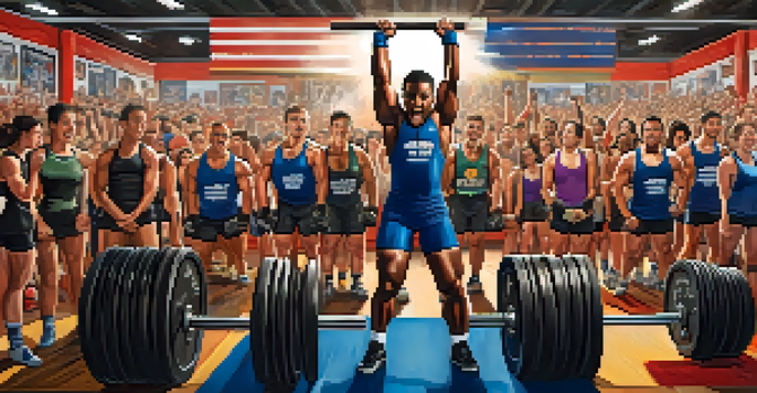 A lively powerlifting competition with various athletes lifting weights, enthusiastic spectators in the background, and colorful banners in a gym setting.