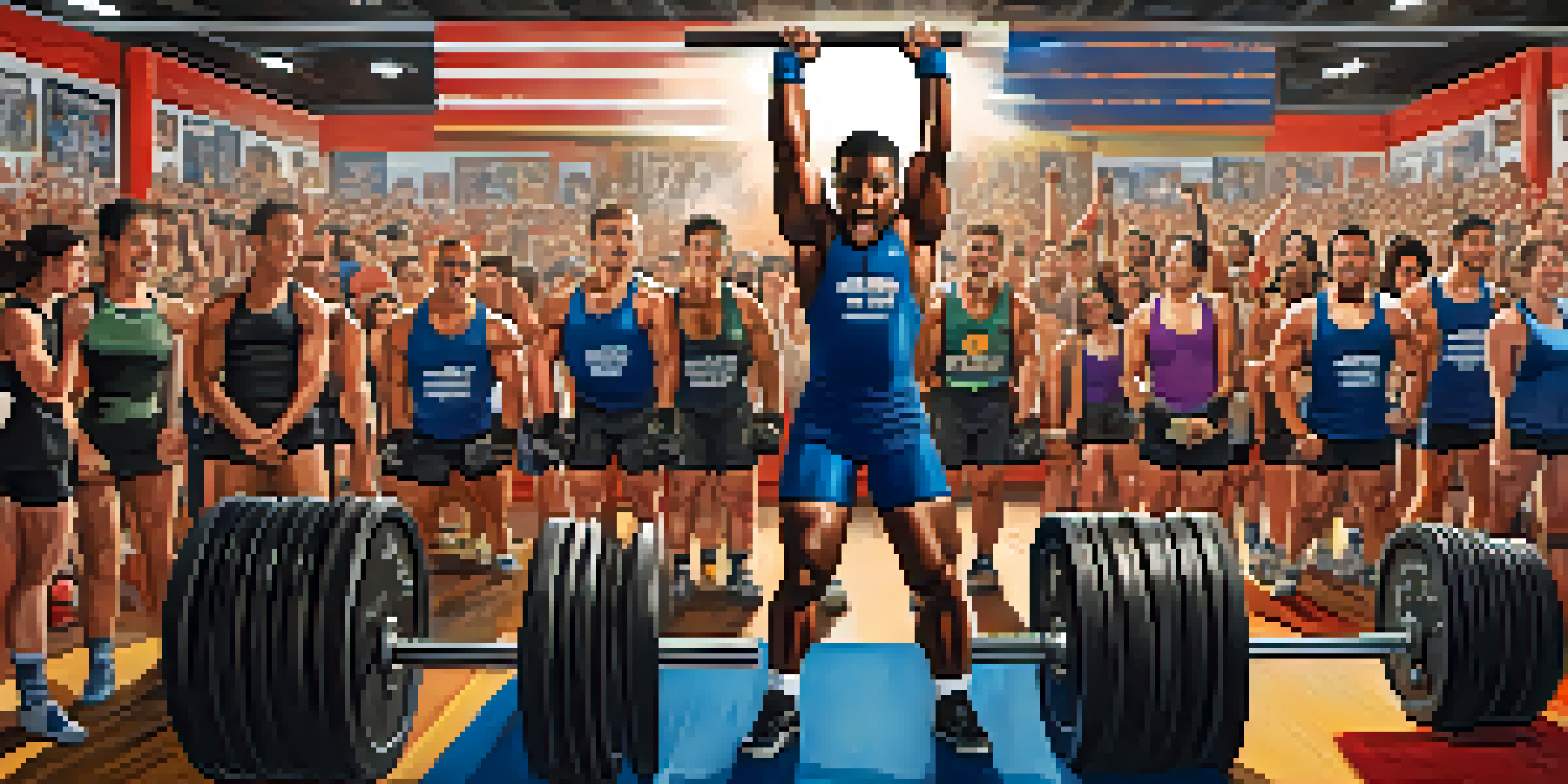 A lively powerlifting competition with various athletes lifting weights, enthusiastic spectators in the background, and colorful banners in a gym setting.