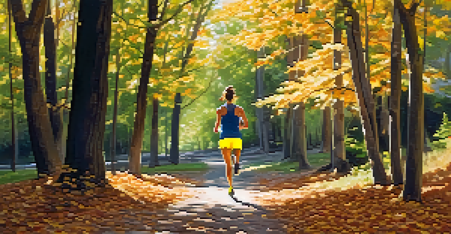 A runner on a wooded trail in autumn, wearing a yellow tank top and black shorts, with sunlight filtering through the trees.