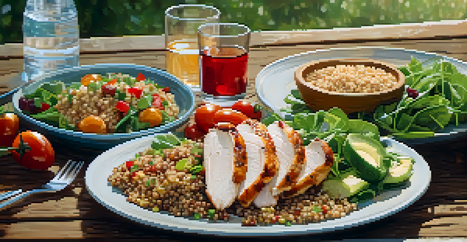 A nutritious post-competition meal with grilled chicken, quinoa, and a colorful salad on a rustic table, illuminated by warm lighting.