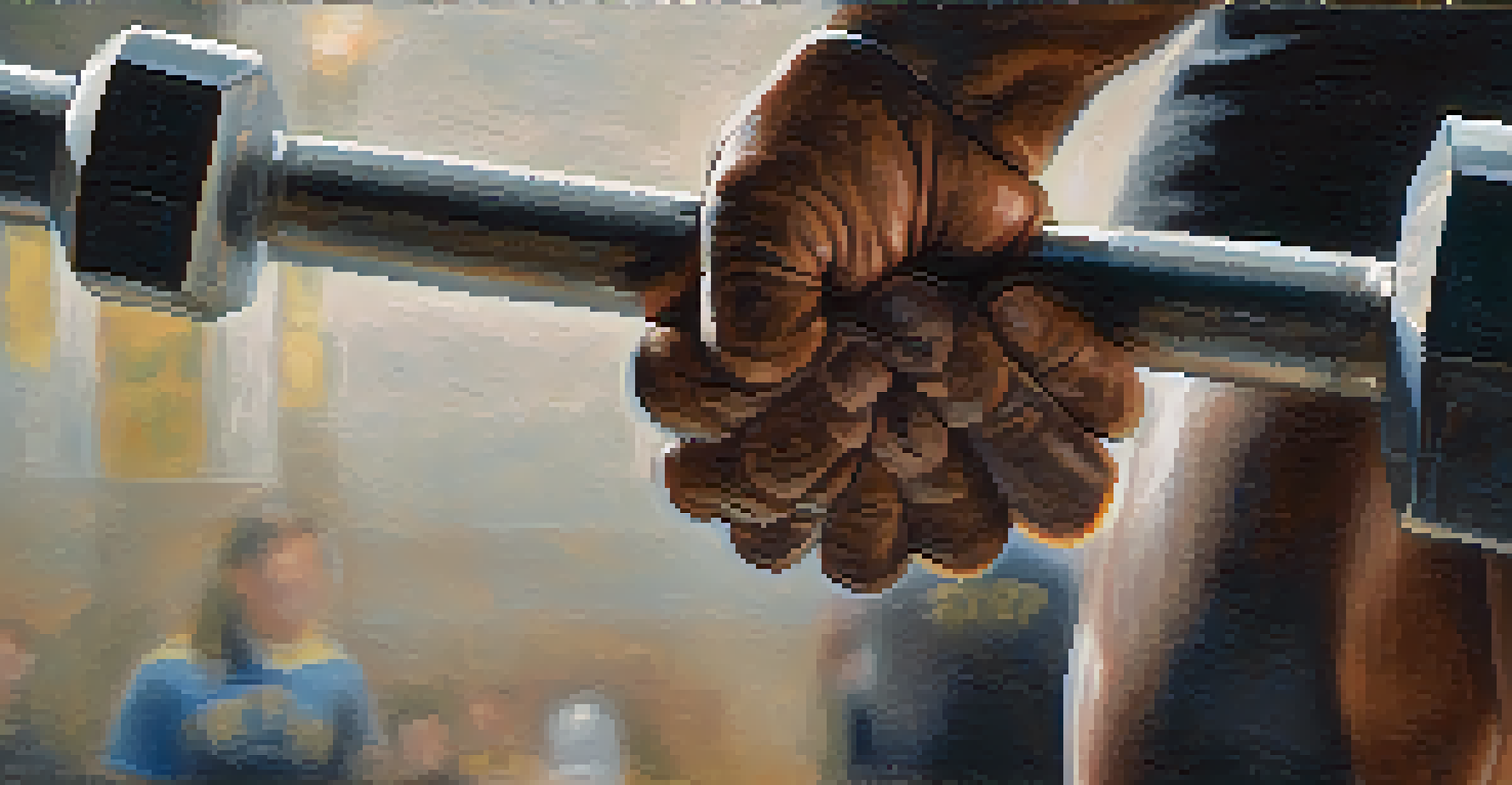 Close-up of a powerlifting athlete's chalk-covered hands gripping a barbell.