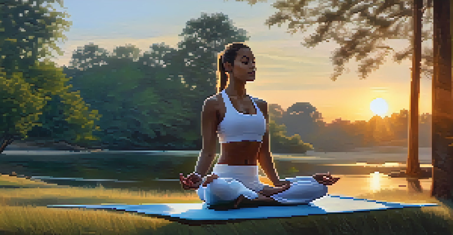 A person doing yoga on a mat outdoors at sunset, surrounded by trees, emphasizing recovery.