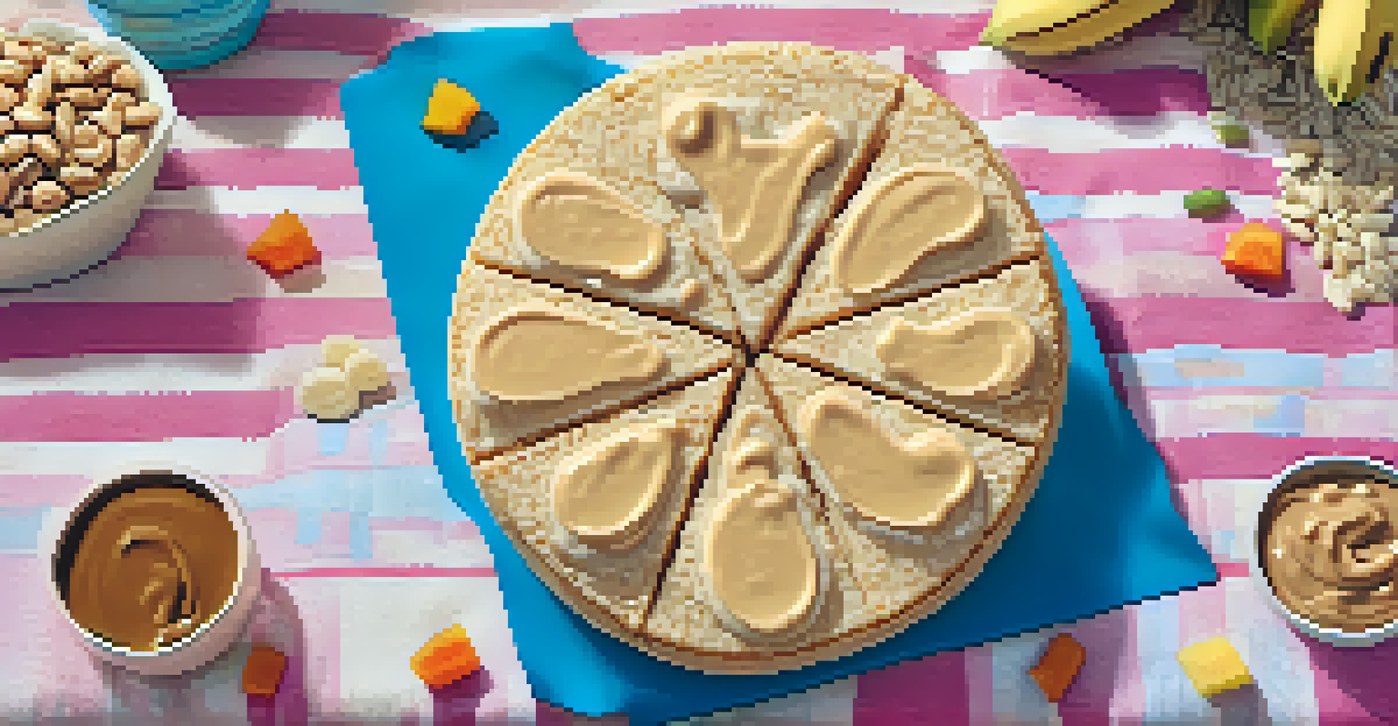 A hand holding a rice cake with peanut butter, surrounded by healthy snacks like bananas and energy bars on a colorful table.