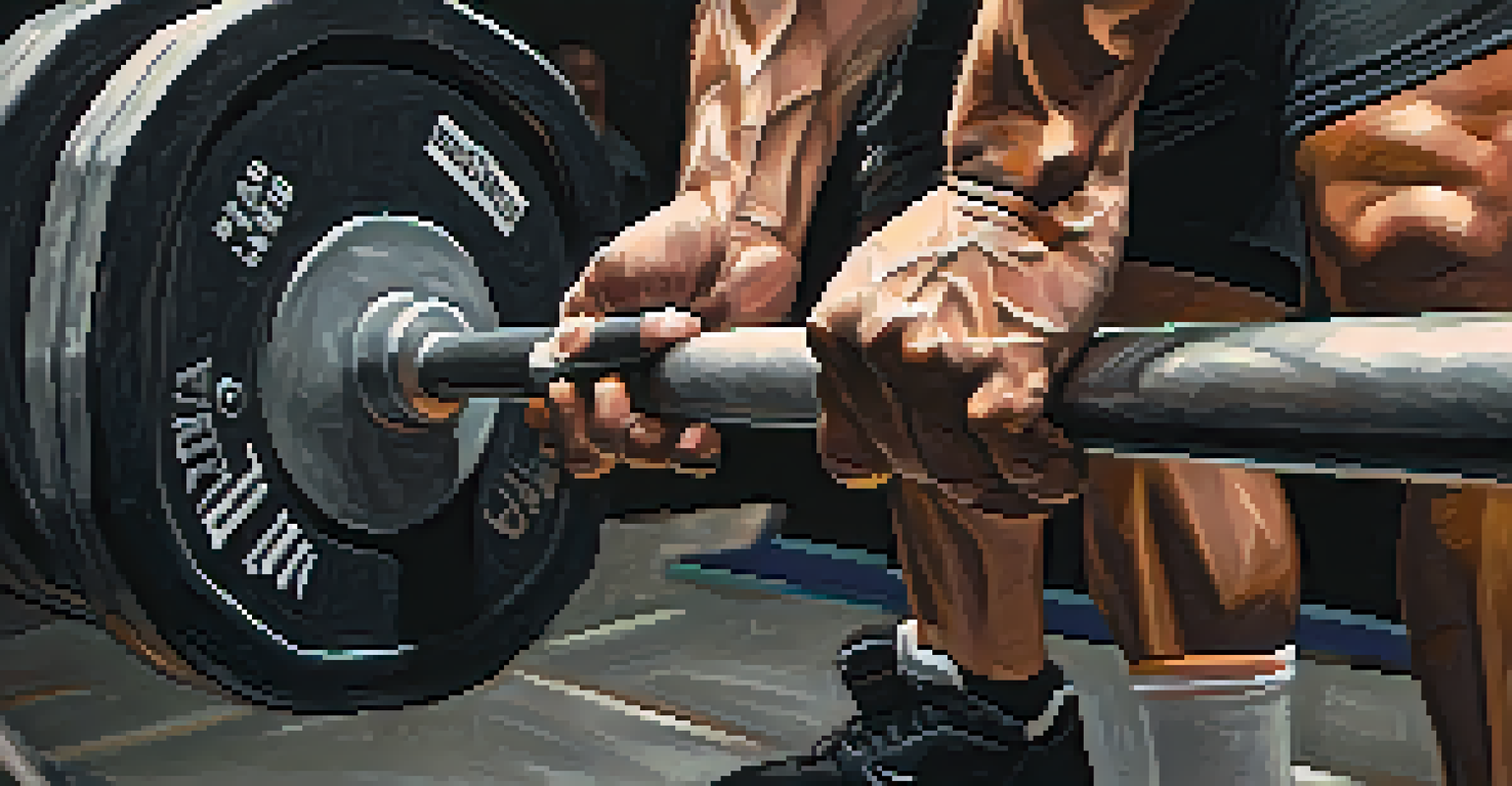 Close-up of a powerlifter's hands gripping a barbell, emphasizing strength and focus before a lift.