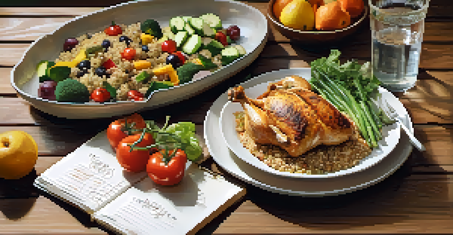 A variety of healthy foods on a table, including chicken, quinoa, vegetables, and fruits, with water and meal planning notes.