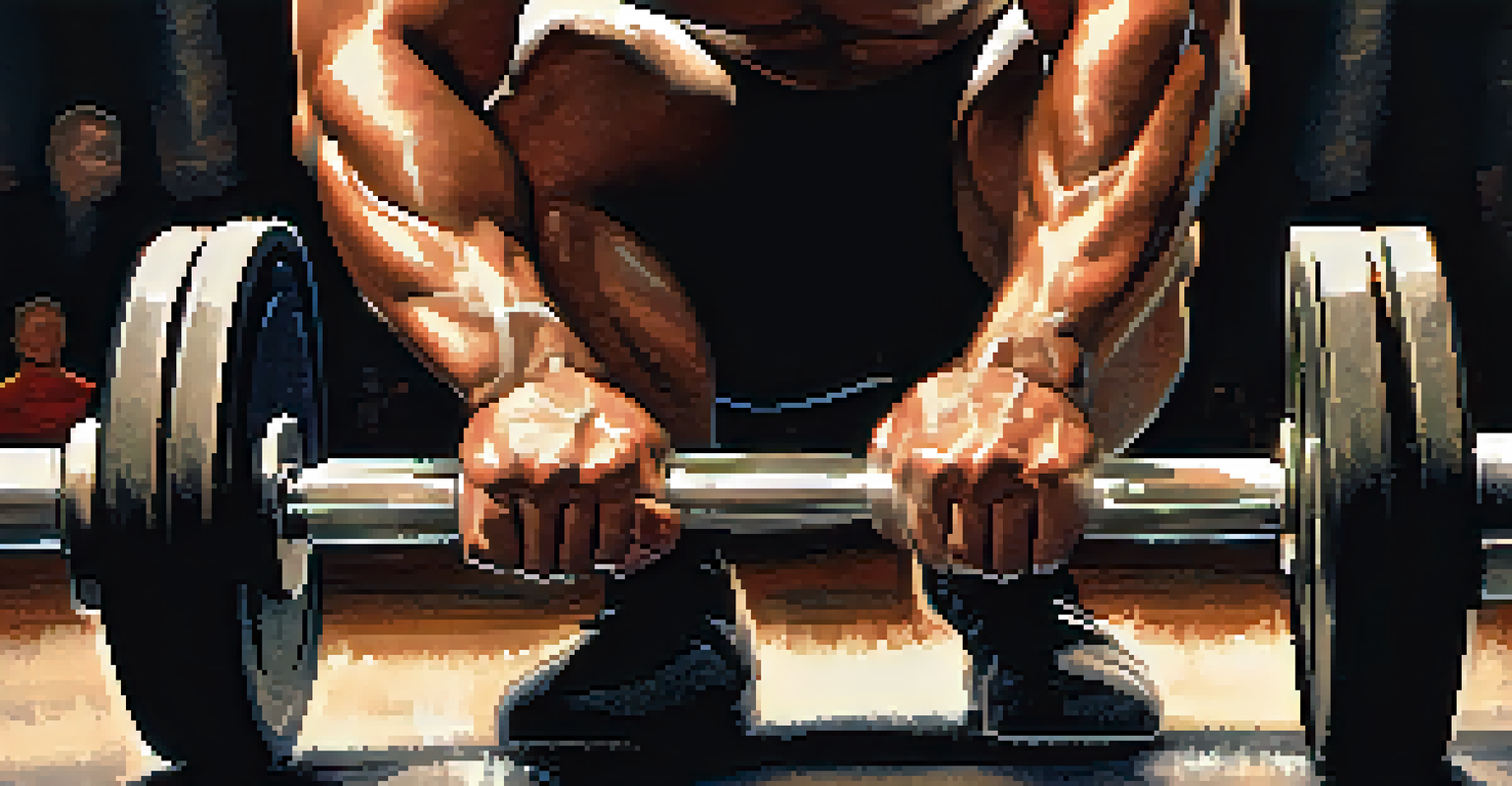 Close-up of a powerlifter's hands gripping a barbell, with chalk dust in the air, showcasing intense focus.