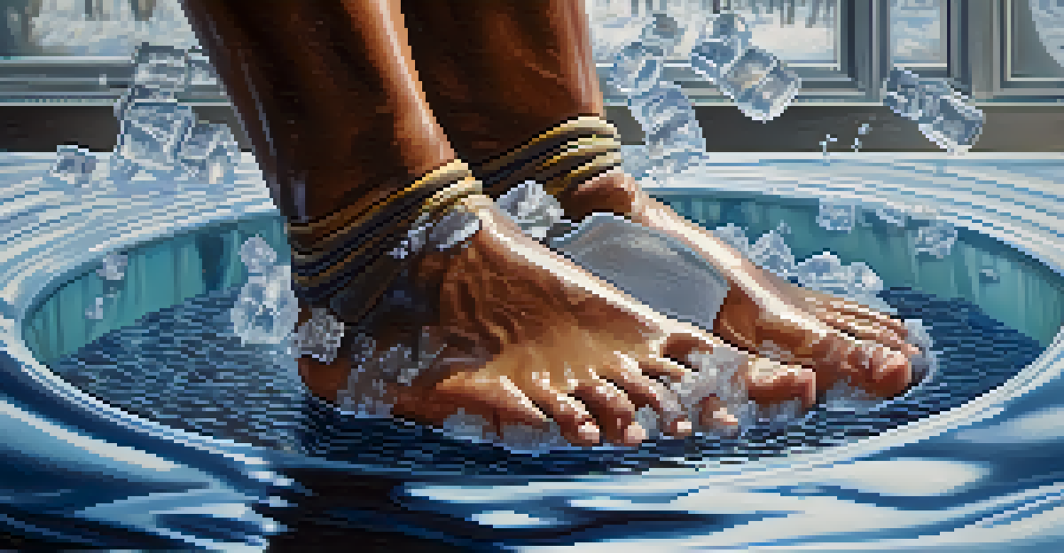 Close-up of feet in a cold therapy ice bath with visible ice cubes, emphasizing recovery after a workout.