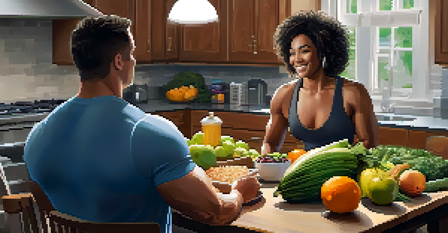 A nutrition coach and a powerlifter reviewing a meal plan together at a kitchen table, surrounded by healthy food options.