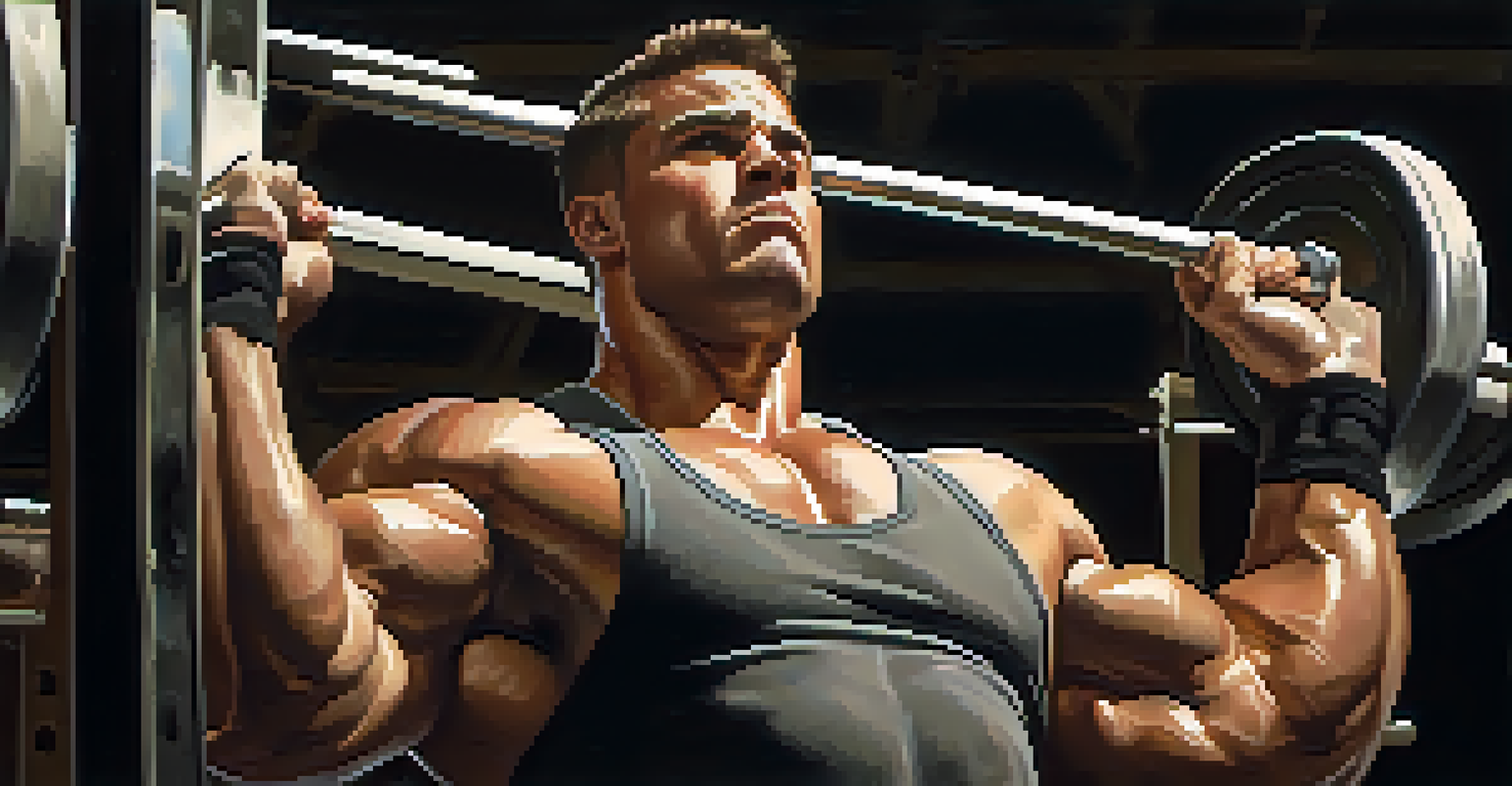 A powerlifter lifting weights in a gym, showcasing determination and strength with sweat on their forehead, surrounded by gym equipment under warm lighting.