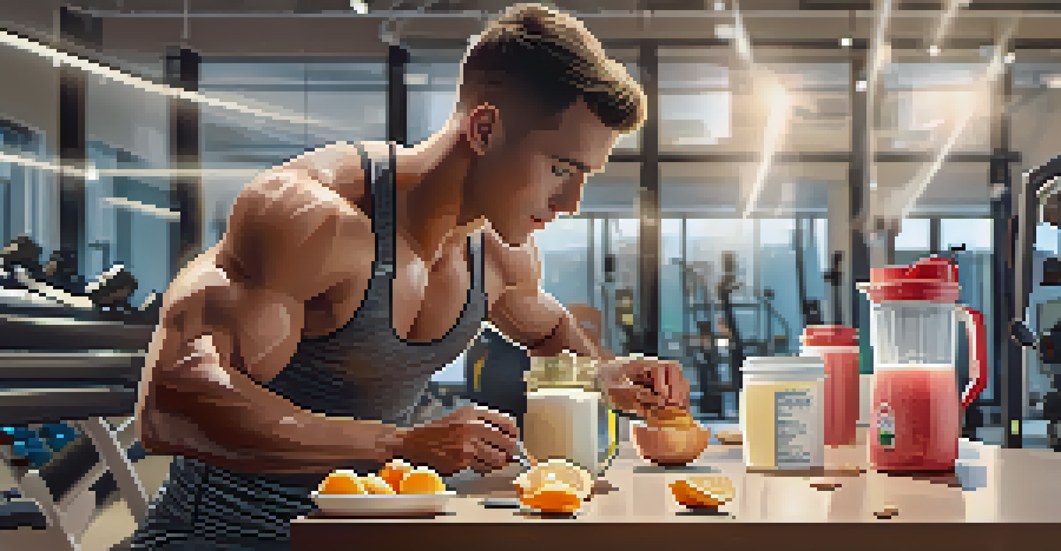 An athlete making a protein smoothie in a gym, with a blender, fruits, and gym equipment in the background.
