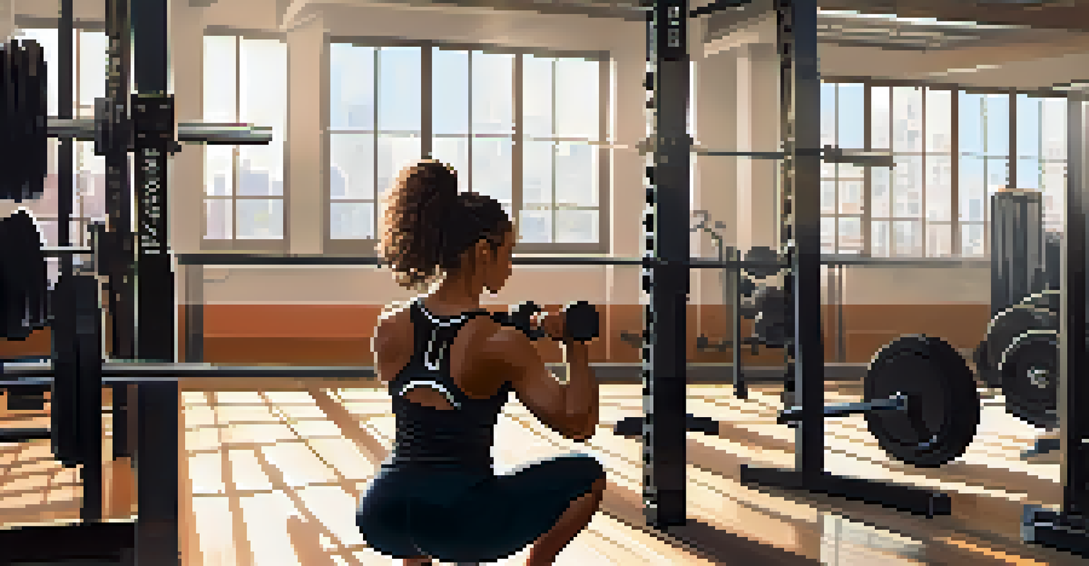 A young female athlete training in a gym, performing a squat with weights, surrounded by gym equipment and natural light.