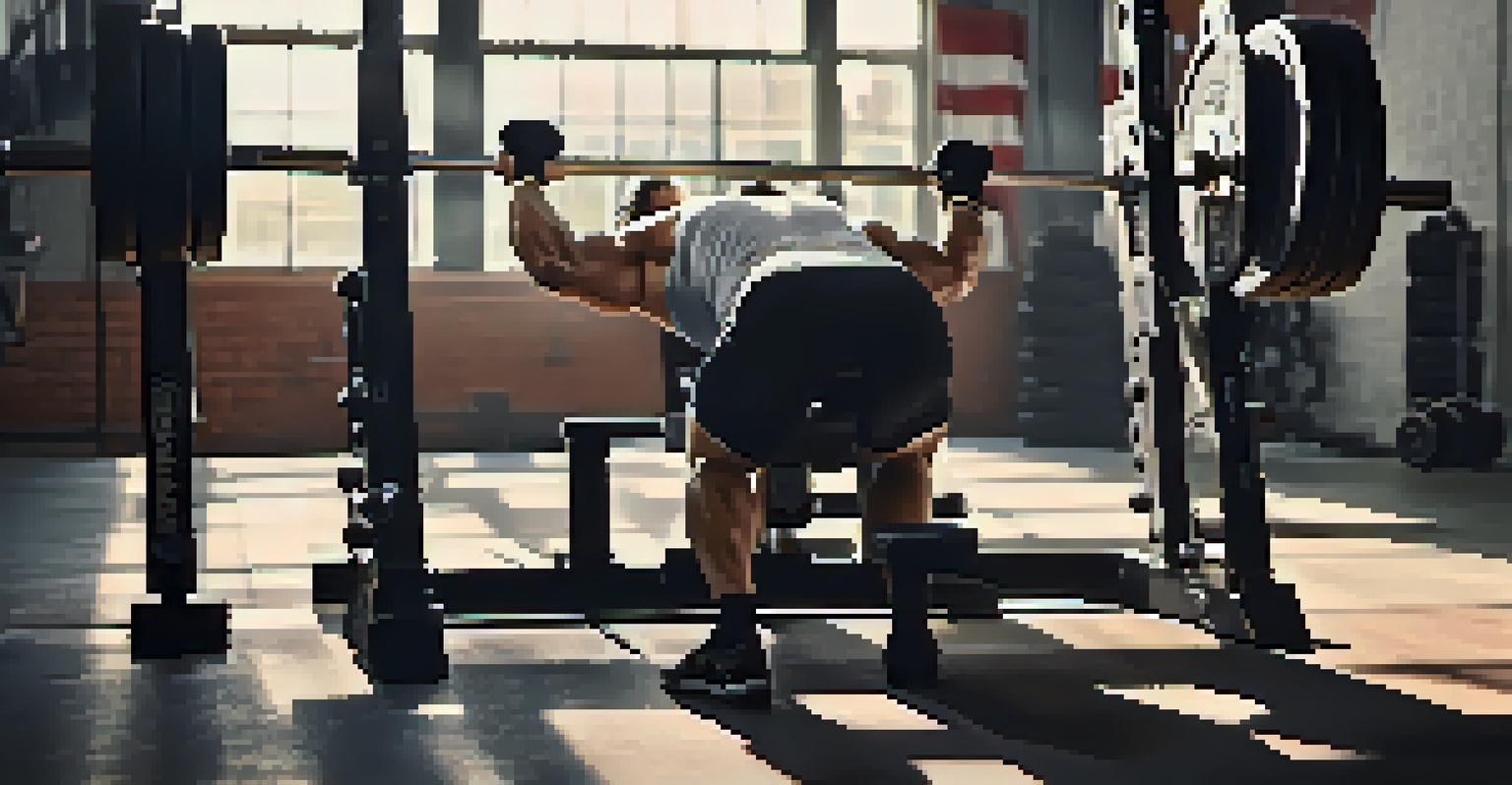 A close-up of a barbell on a bench press, with chalked hands ready to lift.
