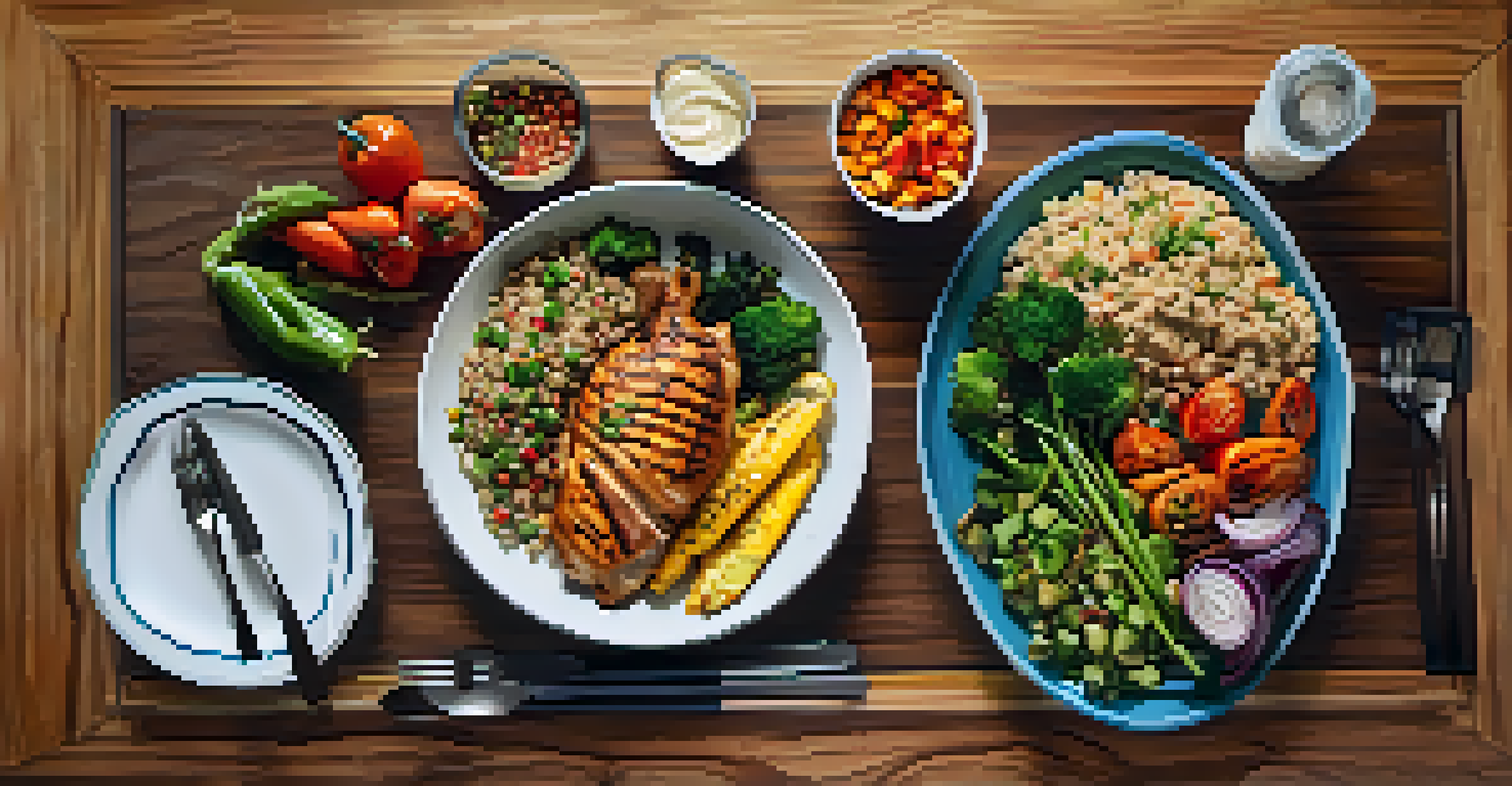 An overhead view of a nutritious meal for a powerlifter, featuring grilled chicken, quinoa, and colorful vegetables on a wooden table.
