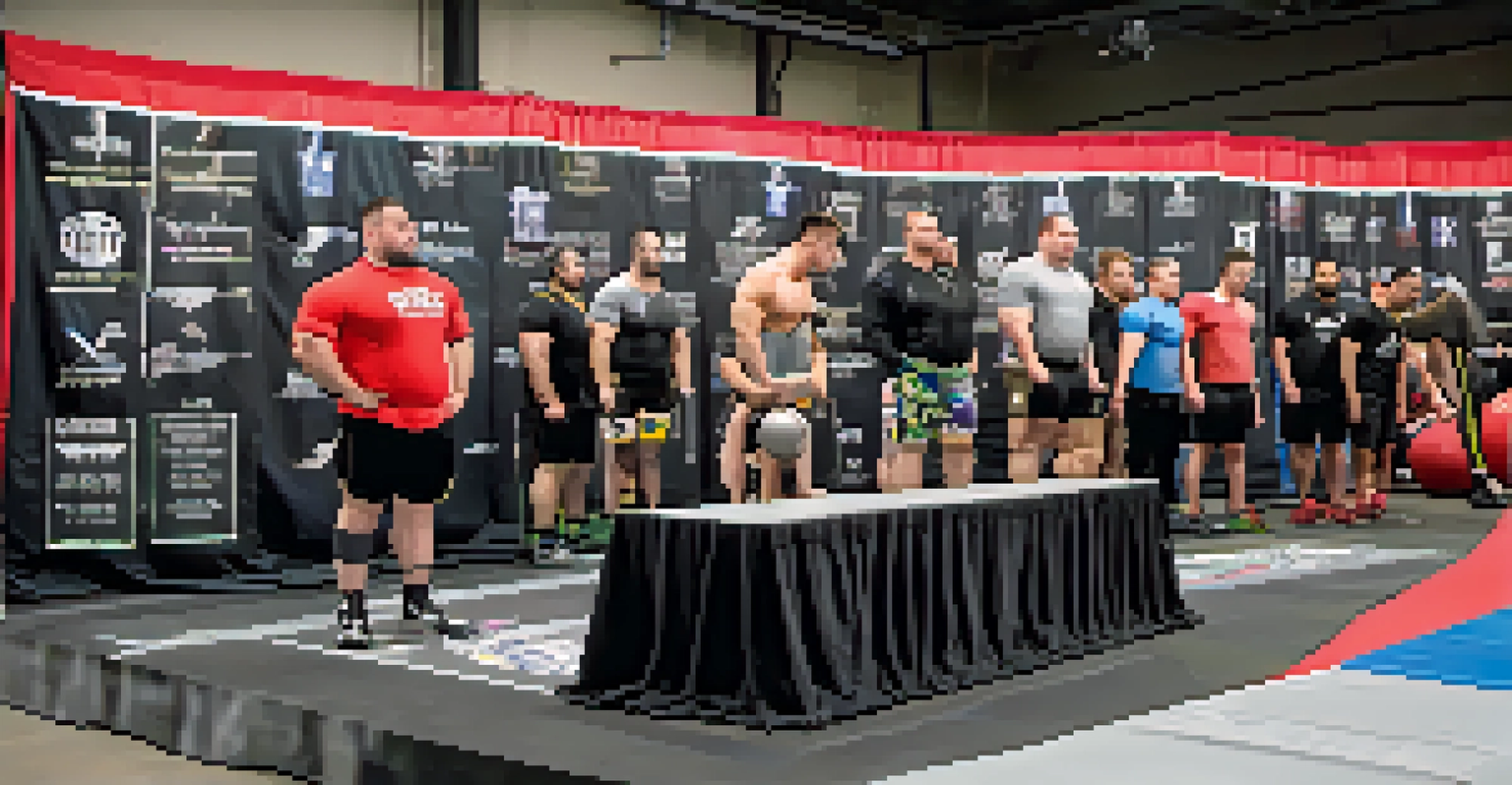 A weigh-in area at a powerlifting competition with lifters stepping on a scale and banners in the background.