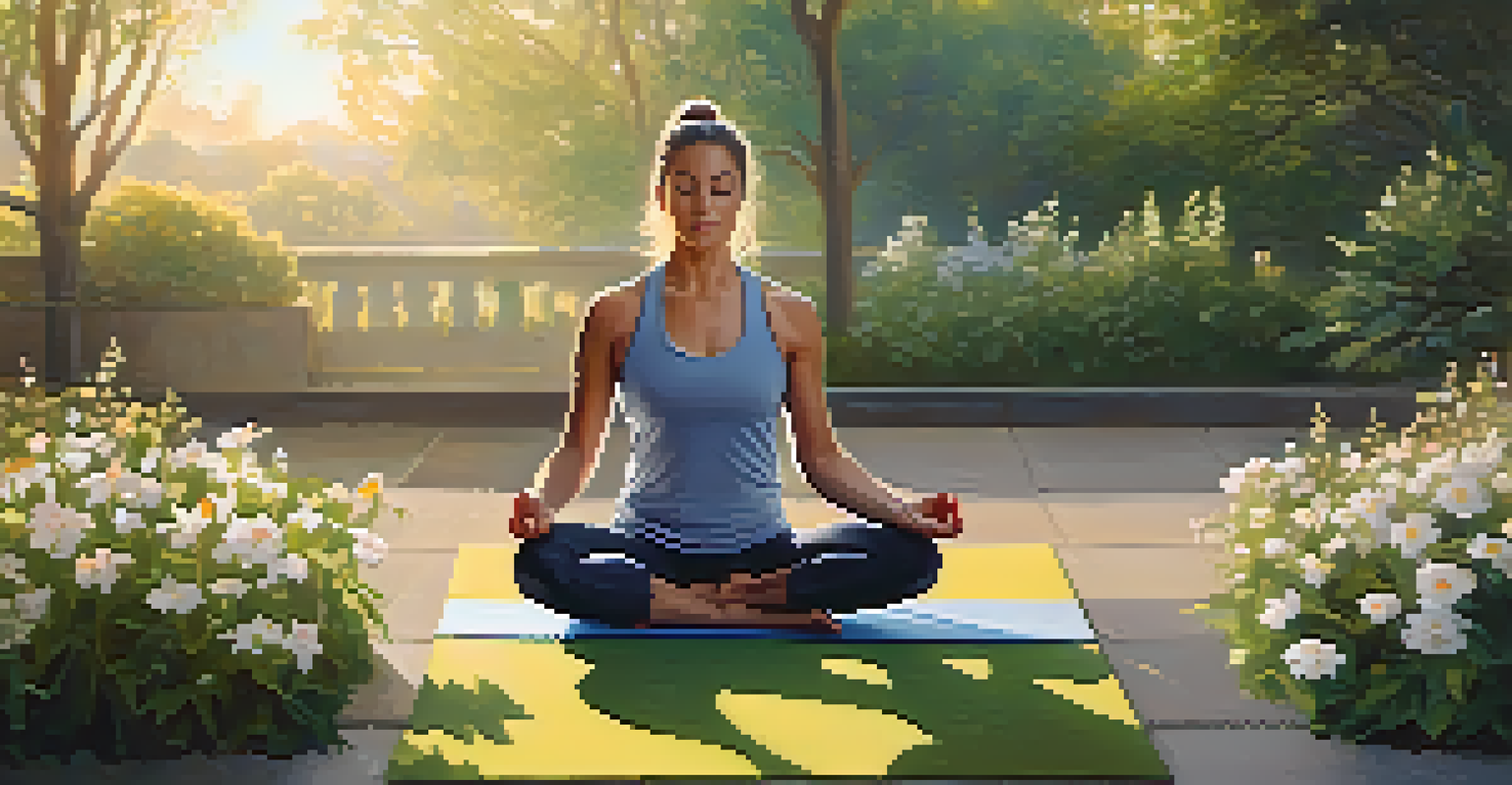An athlete practicing yoga outdoors at sunrise, surrounded by greenery.