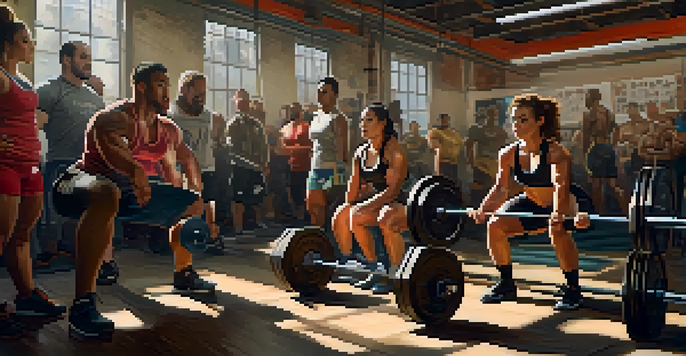 A diverse group of powerlifters in a gym, with a female lifter squatting, surrounded by teammates in a supportive atmosphere.