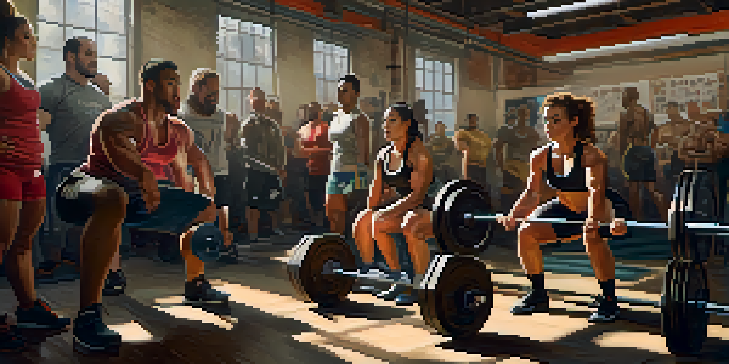 A diverse group of powerlifters in a gym, with a female lifter squatting, surrounded by teammates in a supportive atmosphere.