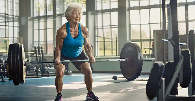 An elderly woman powerlifting in a well-lit gym, demonstrating strength and determination.
