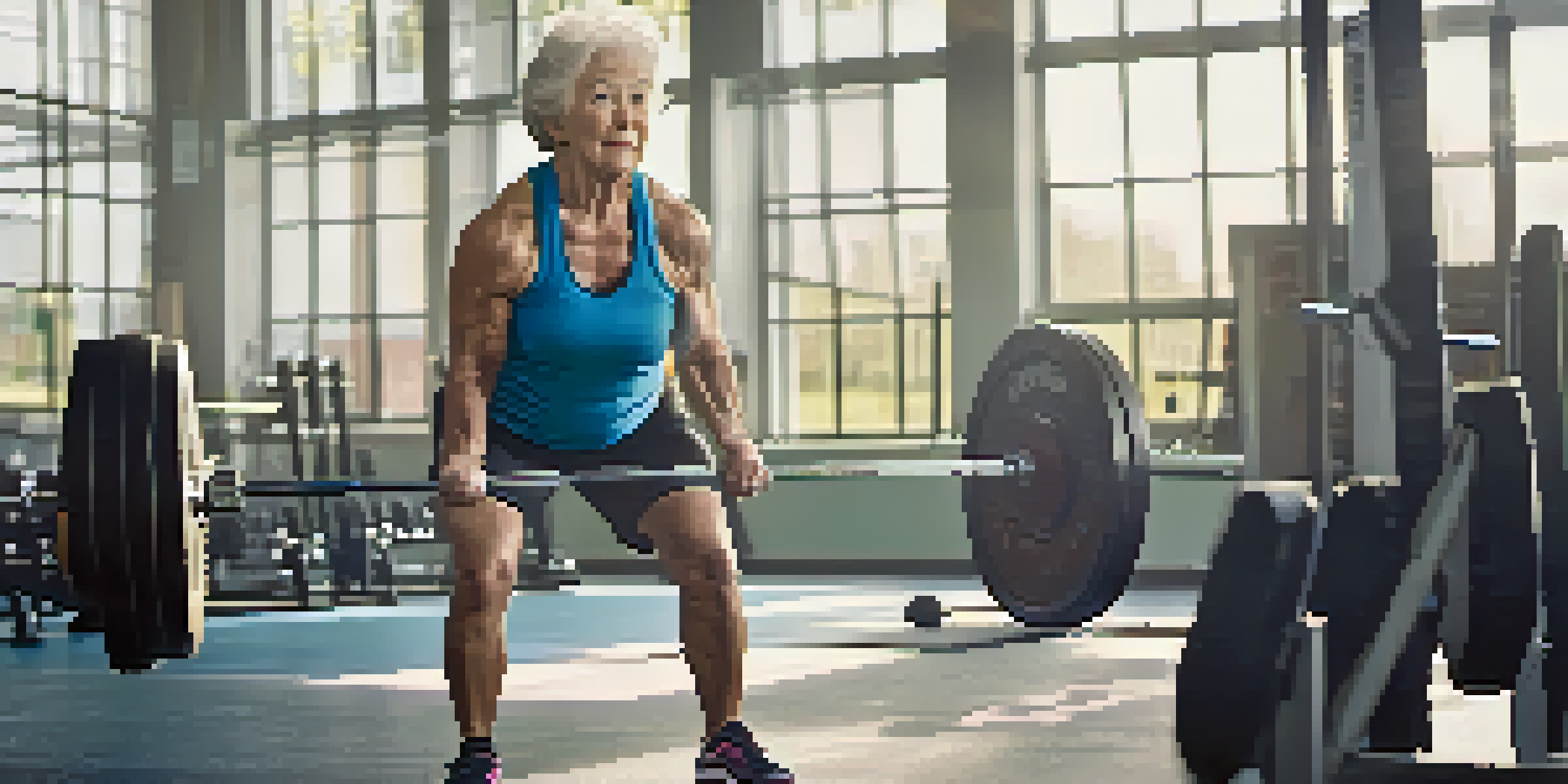 An elderly woman powerlifting in a well-lit gym, demonstrating strength and determination.