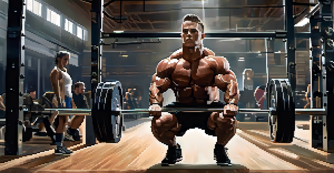 A determined powerlifter performing a heavy squat in a well-equipped gym, muscles defined and sweat visible.