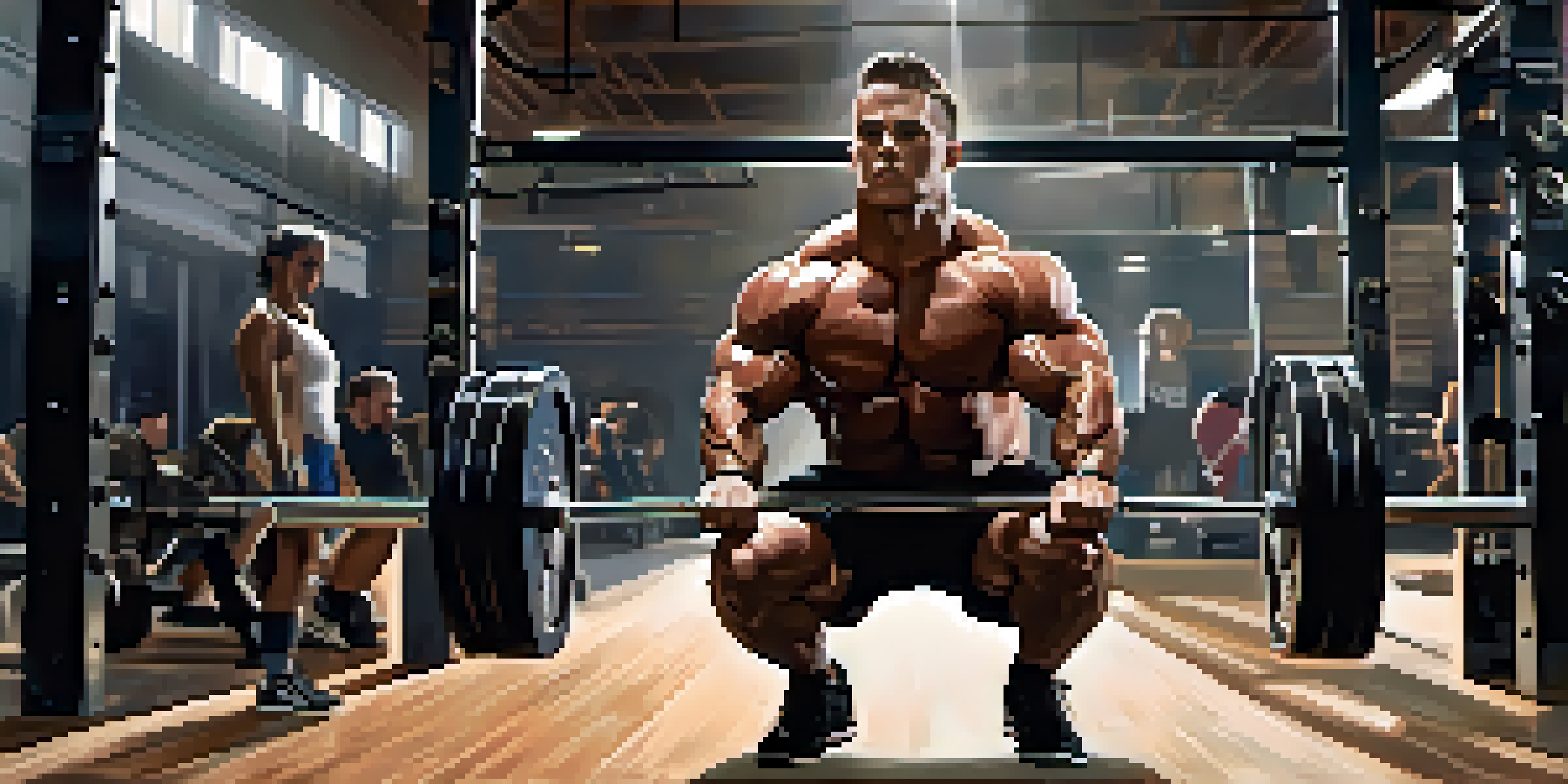 A determined powerlifter performing a heavy squat in a well-equipped gym, muscles defined and sweat visible.