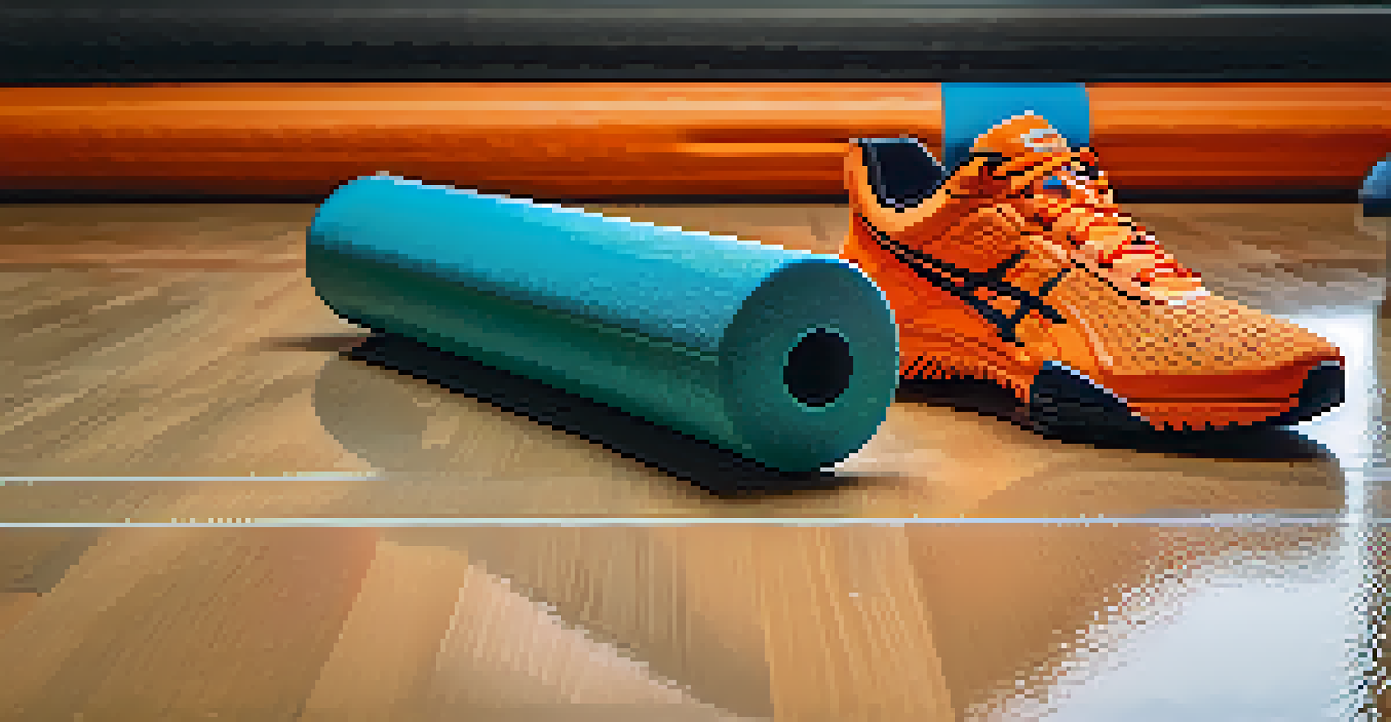 A close-up of a bright orange foam roller and colorful sneakers on a textured gym floor.