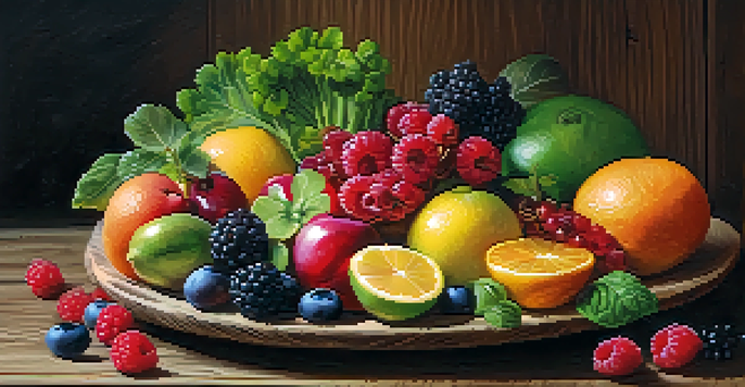 A vibrant plate filled with colorful fruits and vegetables, including berries, citrus fruits, leafy greens, and nuts, arranged on a wooden table under soft natural light.