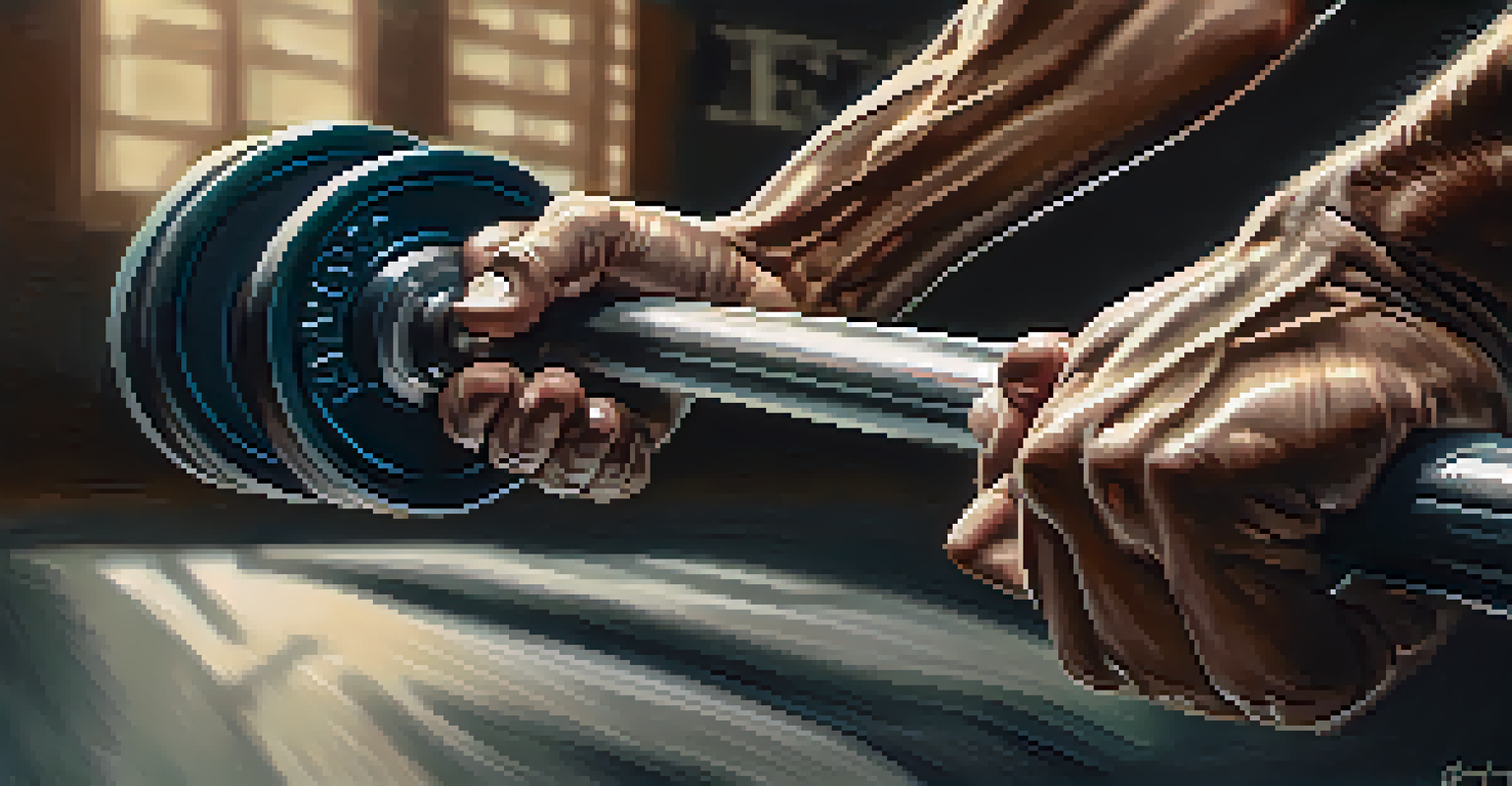 Close-up of hands gripping a barbell in a gym setting, showcasing determination and strength.