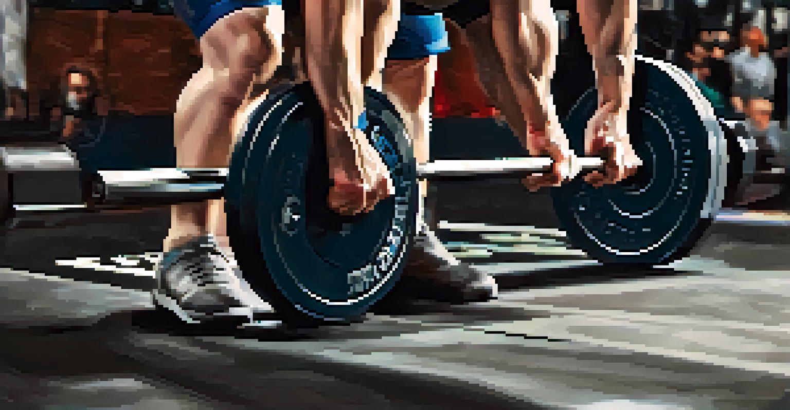 A close-up of a powerlifter demonstrating core engagement while preparing to lift a barbell.