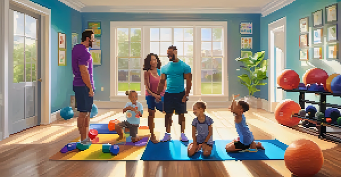 A family in a home gym, parents lifting weights and children cheering, with colorful equipment and sunlight streaming in.