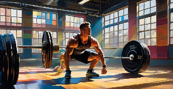 An Olympic lifter executing a clean and jerk in a gym, with weights and sunlight enhancing the dynamic atmosphere.