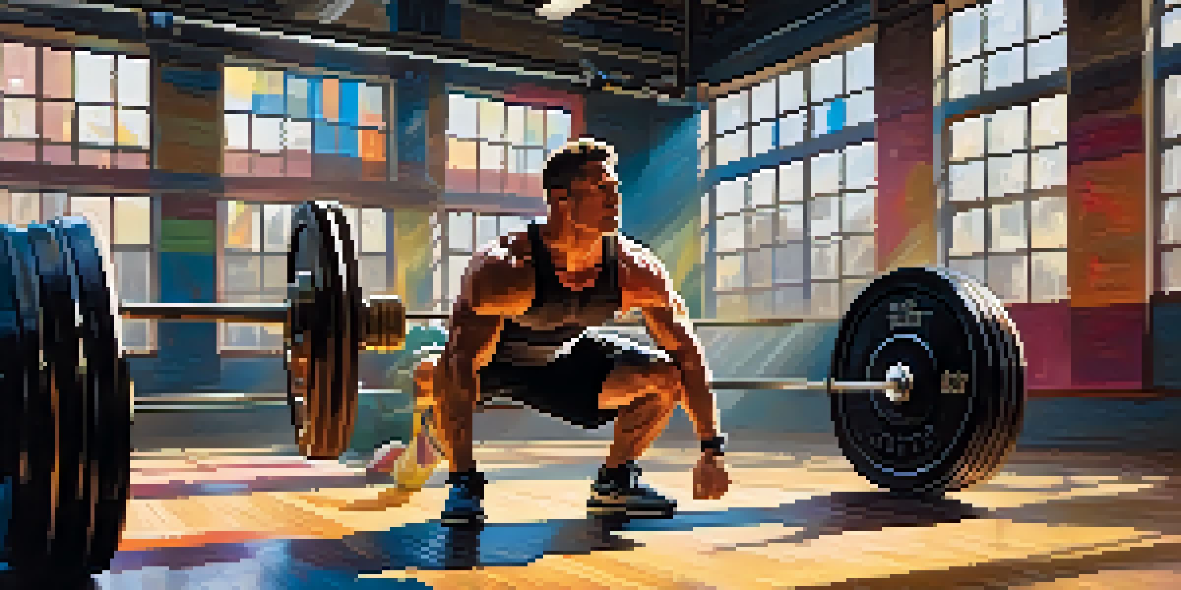 An Olympic lifter executing a clean and jerk in a gym, with weights and sunlight enhancing the dynamic atmosphere.