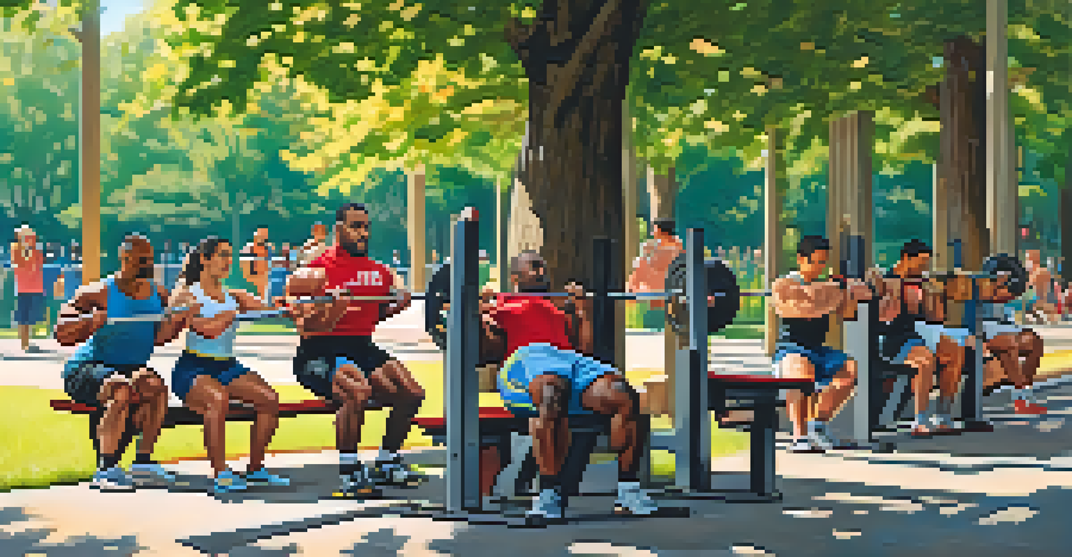 A group of diverse powerlifters training outdoors, performing bench presses on a portable bench in a sunny park setting.