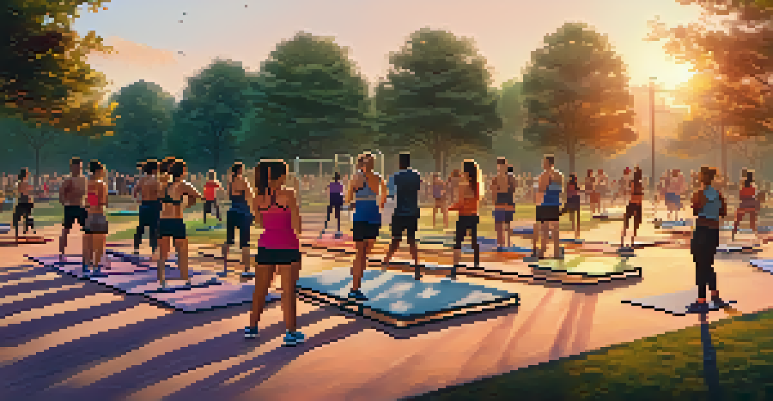A diverse group of people participating in an outdoor strength training class at sunset in a park.