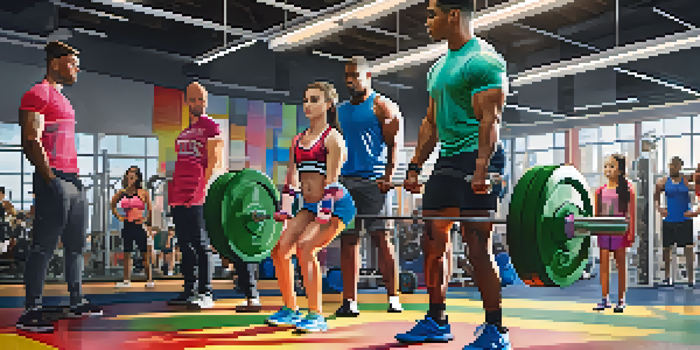 A diverse group of young athletes in a gym, with a girl lifting a barbell under the guidance of a coach, surrounded by motivational posters.