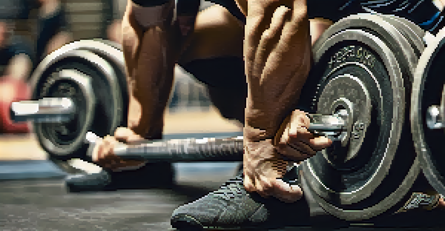 A close-up view of a powerlifter's hands gripping a barbell, highlighting the strength and dedication in training.