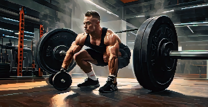 A powerlifter preparing to lift a barbell in a gym, showcasing a focused expression and surrounded by gym equipment.